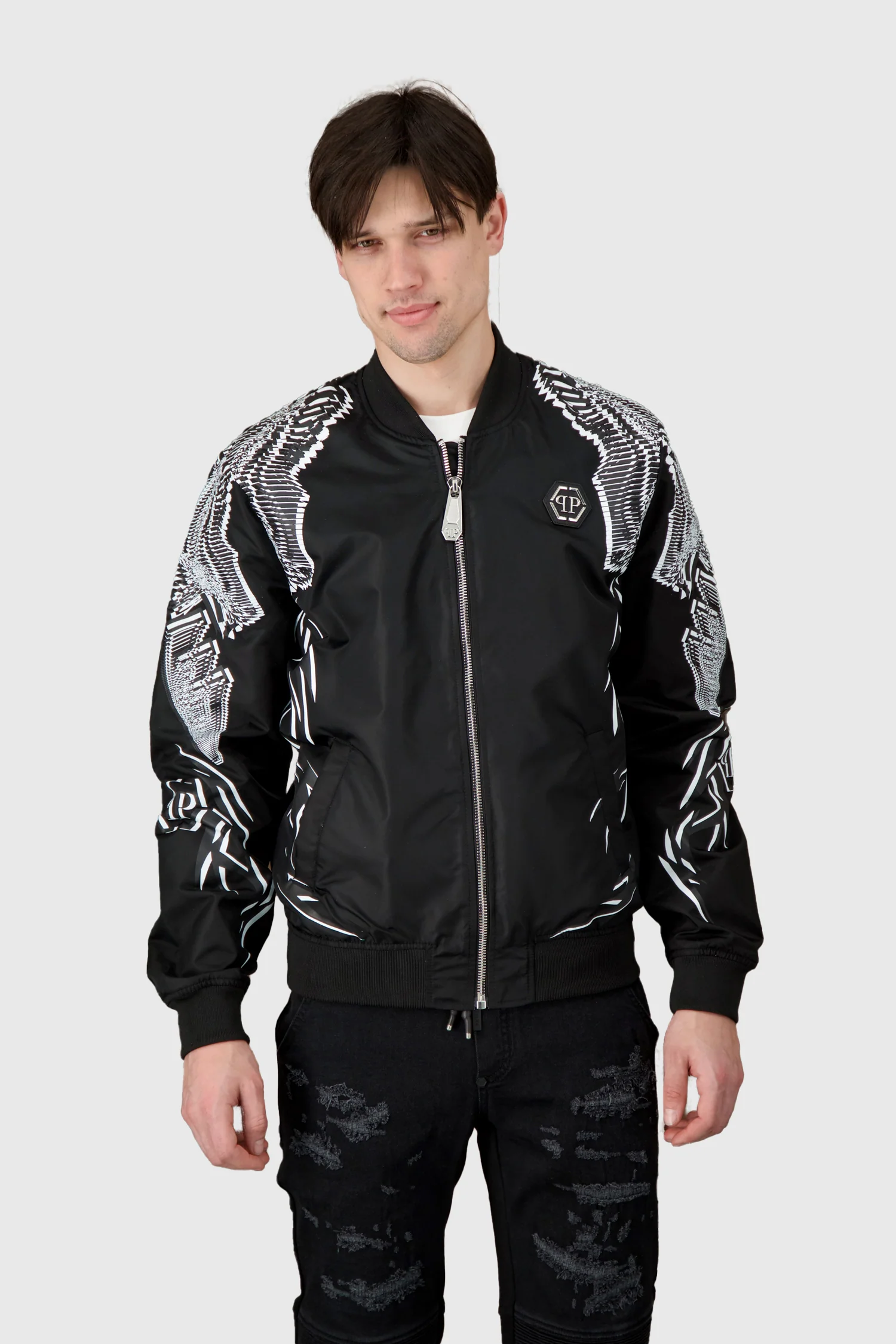 Philipp Plein Black Foulard Texture Bomber Jacket - Image 4