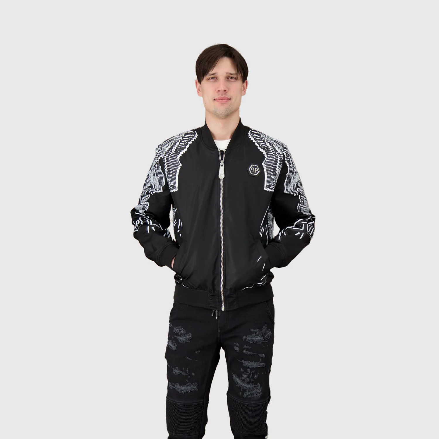 Philipp Plein Black Foulard Texture Bomber Jacket - Image 5