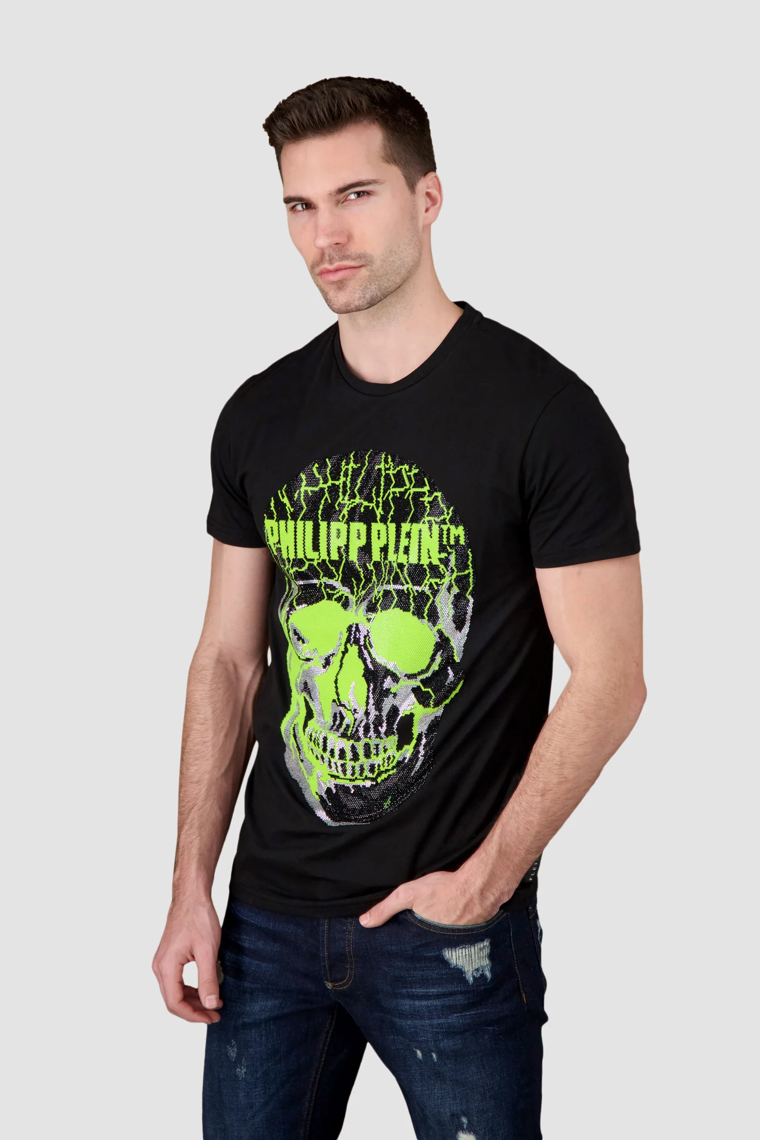 Philipp Plein Black/Yellow Round Neck Skull Rhinestone T-Shirt - Image 4